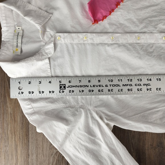 Kerri Rosenthal Small White Cotton Shirt with Pink Heart Applique Button Up Top - Picture 7 of 13